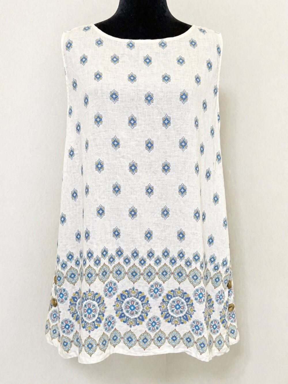 J Jill Linen Top 2X Blue Floral Tunic Sleeveless Boho Plus Size